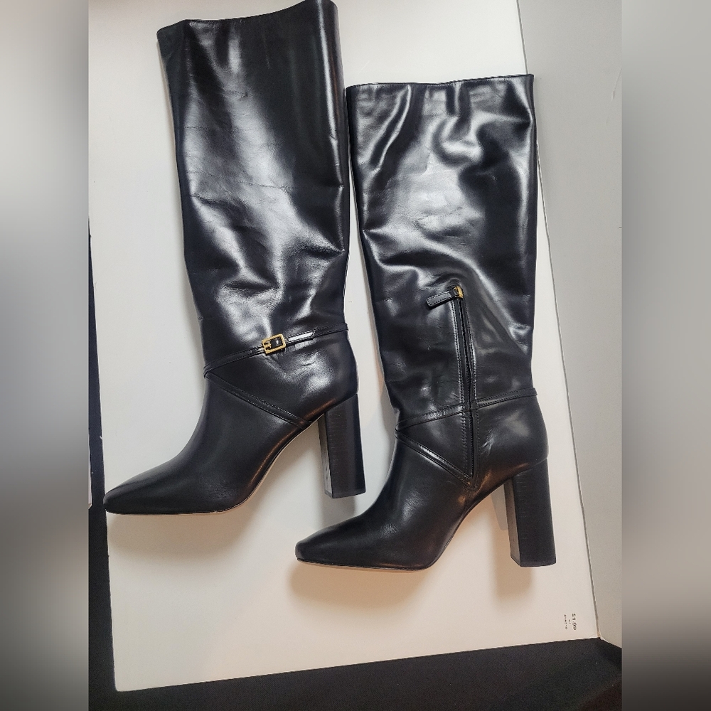 New Tory Burch Pull on Hell Boot Knee High Sz 10.5 Black Leather Half Zipper